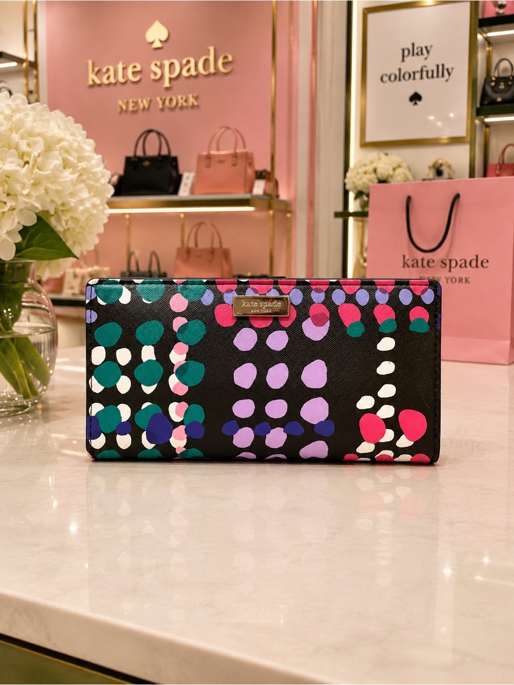 Kate Spade Stacy Shore Street Wallet Black W/ Dotty Plum Print NWT - Picture 3 of 7